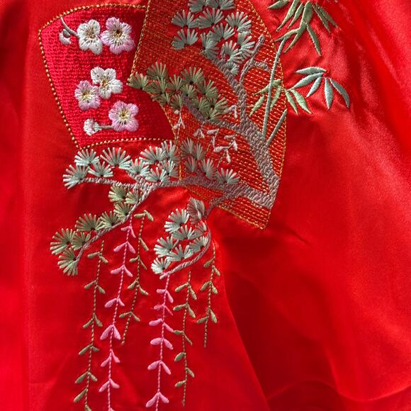Vintage Red Satin Kimono Robe Embroidered Cranes Fans Floral Belted Long Gown - Picture 8 of 14